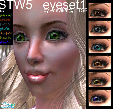 Sims 2 — STW5 Eyeset by devikat — Realistic and vibrant eyes in seven colors.