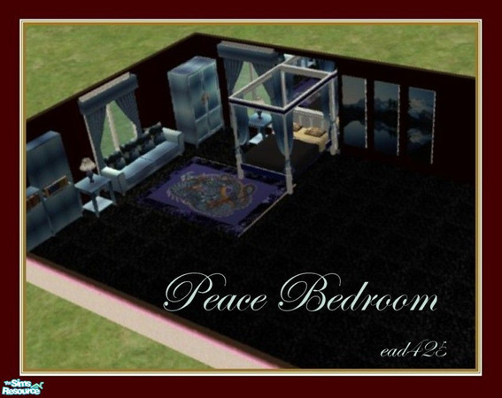 Sims 2 — Peace Bedroom by ead425 — 9 items: 3 piece picture, bed, bookcase, curtains, dresser,lamps, nite stand, rug set,