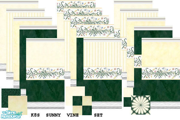 Sims 2 — K8SSunnyVineSet by Kate139 — A set of 15 walls & 6 floors. Sunny yellows, deep greens and springtime-fresh