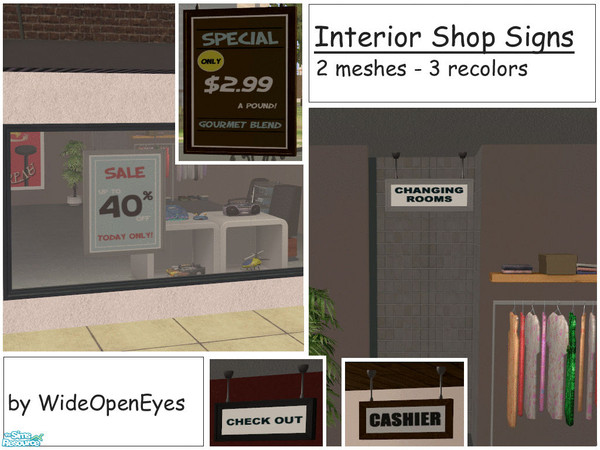 Sims 2 — Interior Shop Signs Set by wideopeneyes — Let your Sims know about specials and where they need to go with these