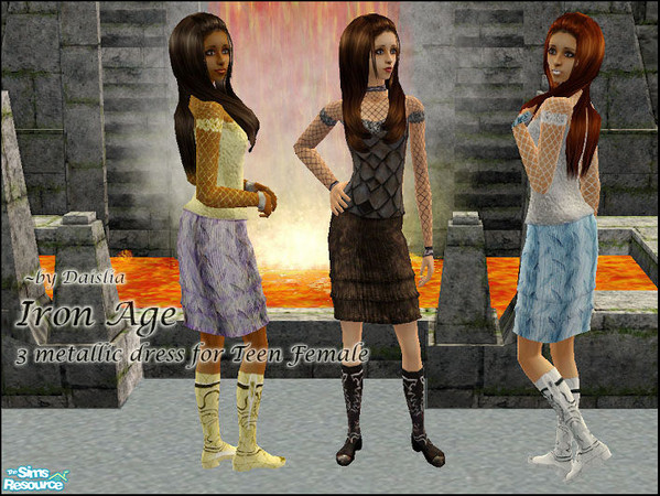 Sims 2 — Iron Age (Teen Dress Set) by Daislia — 3 Metallic dress for teen female, maxis recolour and basegame capable,