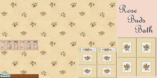Sims 2 — A Rose Buds Bath by Lorah — Antique pink rose bud wallpaper and creamy butter and white tile. 