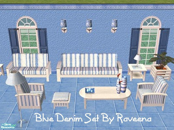Sims 2 — Blue Denim Set by Raveena — Blue and white stripes on the chairs and crisp white tables make this set fit