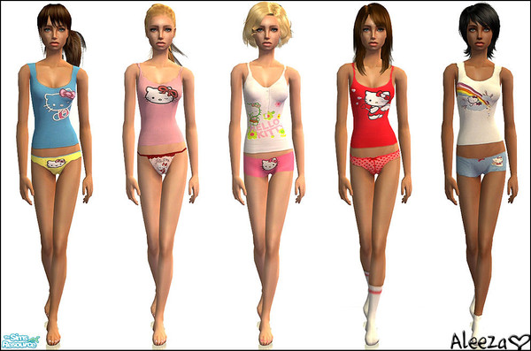 Sims 2 — Cuties by Aleeza — A set of five hello kitty undies/PJ\'s for your teen sims. No mesh or EP required. Enjoy!