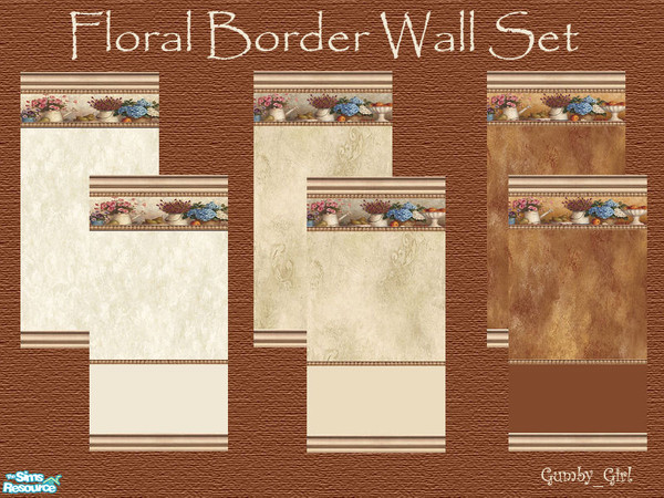Sims 2 — Floral Border Set by Gumby_Girl — A set of 6 floral themed walls. Light brown and dark brown coloured stucco