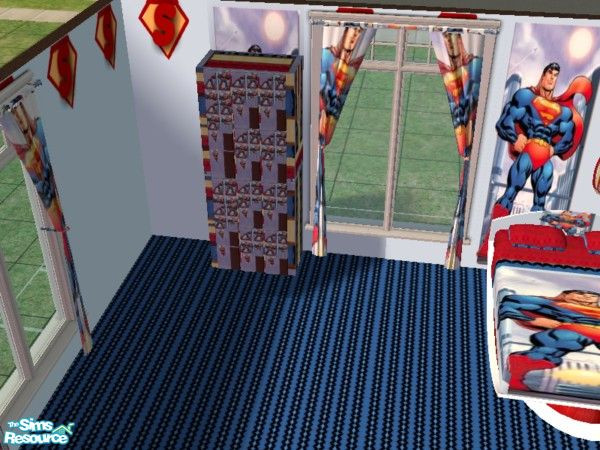 Sims 2 — Superman Bedroom dresser by ead425 — thanks to DC comics: 13 items, 2 walls, 1 floor: bed, bookcase, chairs,