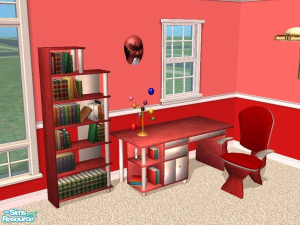 Sims 2 — LLR Office, Reds by LaLunaRossa72 — Office desk and chair, bookcase and "The Universe of a Sim"