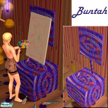 Sims 2 — Blue paint spattered easel by buntah — This is a recolor of the base mesh easel file in this set. The base file
