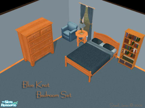 Sims 2 — Blue Knot Bedroom Set by SteelLlama — Includes bedding, frame, dresser, lamp, bookcase, chair, curtain, table,