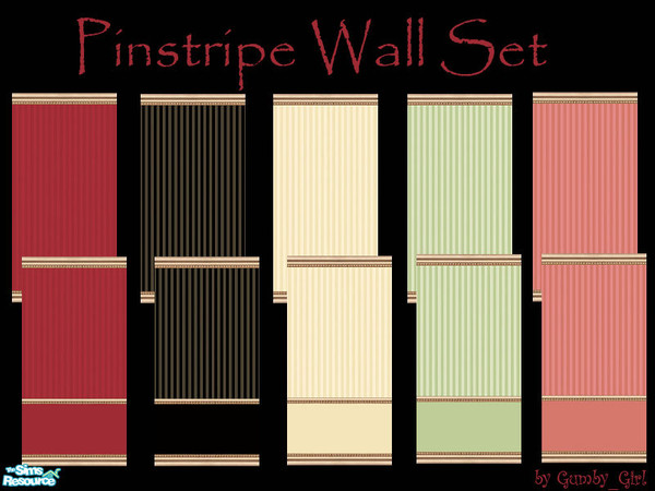 Sims 2 — Pinstripe Wall Set by Gumby_Girl — Set of 10 pinstripe walls. Red, black, pink, green and cream striped walls at
