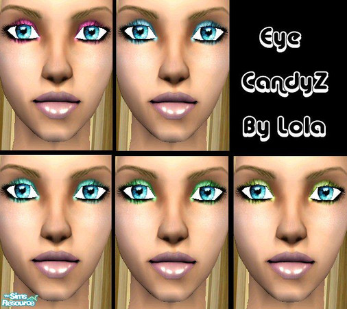 Sims 2 — Eye CandyZ Set 1 by Lola — 5 bursts of Vibrant, Colorful Eyeshadows. Colours include, Sherbert Lemon, Frosted,