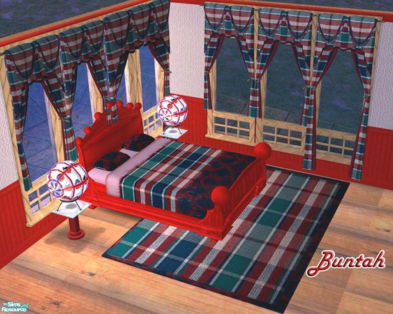 Sims 2 — Plaid Fabric Theme by buntah — This set includes bedding, curtains, and a rug. I worked real hard on these