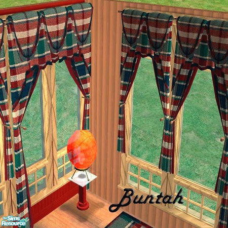 Sims 2 — Plaid Fabric Curtains by buntah — These curtains include a fringe which matches the fur throw on the bedding.