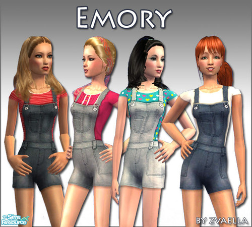 Sims 2 — Emory - for Teens by zvaella — 4 short Overalls for teen girls, on a base by Tantra. Enjoy! :)