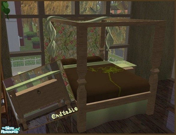 Sims 2 — Eliza Bedroom - Amve Ebbedding by Angela — recoloured Maxis Bedding in Brown and Green