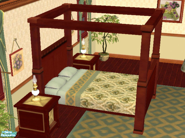 Sims 2 — Colonial Teal Bed by lisa9999 — A sturdy bed constructed in a hard wood with a dark finish.
