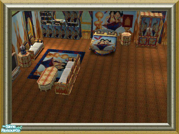Sims 2 — Aladdin Bedroom by ead425 — Thanks to Toon Disney: 10 items 4 walls: bed, dresser, nite stand, bookcase, coffee