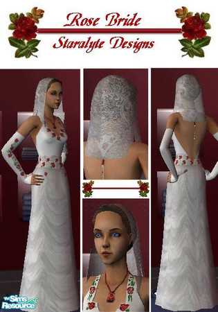 Sims 2 — Rose Bride by Ldyaria — A beautiful white dress with delicate roses cascading down the long full gloves and