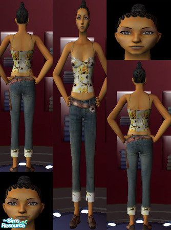 Sims 2 — Tiffany Connor by LaSarahevette83 — Tiffany Connor I wearing a floral bra top with matching jeans.
