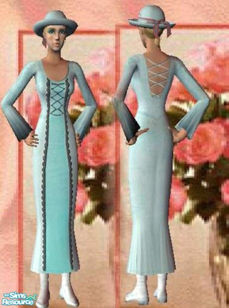 Sims 2 — antiqueblue by ead425 — lt blue antique dress with white boots and matching hat