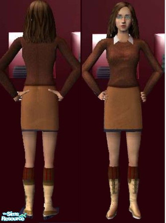 Sims 2 — Vera2 by ead425 — wearing blacktrimmed brown skirt with lt brown boots;dark brown socks; brown Maxis sweater;
