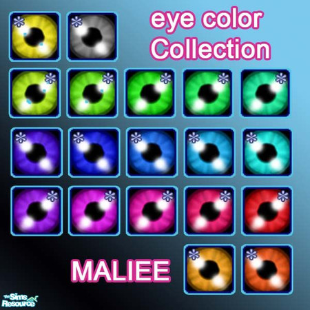 Sims 2 — eye colour set by maliee1 — a tropical rainbow of eye color's rangeing from yellow to green blue and purple with