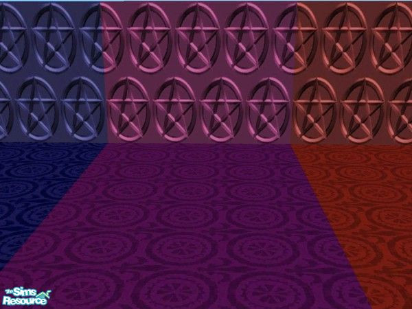 Sims 2 — colorful pentagrams by twistedstar — burgundy, purple and blue walls and carpet.
