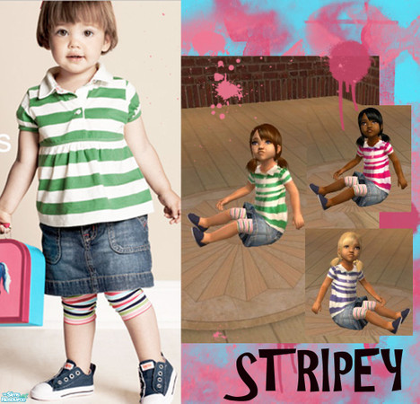 Sims 2 — Stripey by wedonthavetoberockstars — Striped rugby tees with a jean skirt and colorful stripey leggings based