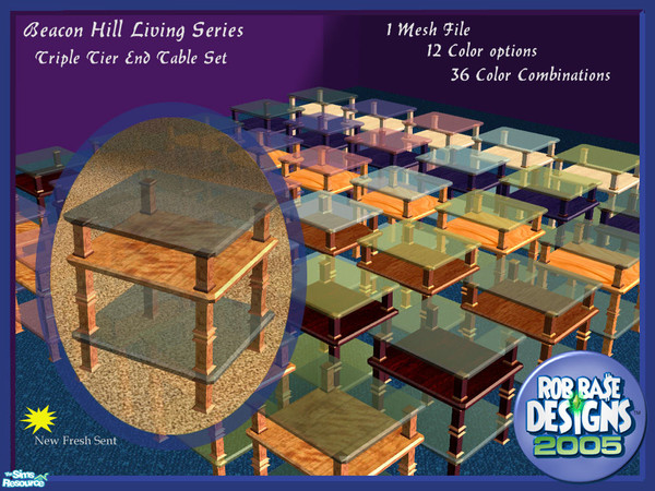 Sims 2 — Beacon Hill, Triple Tier End Tables by robbase — Triple Tier End Tables. 1 Default mesh package file, 10 Color