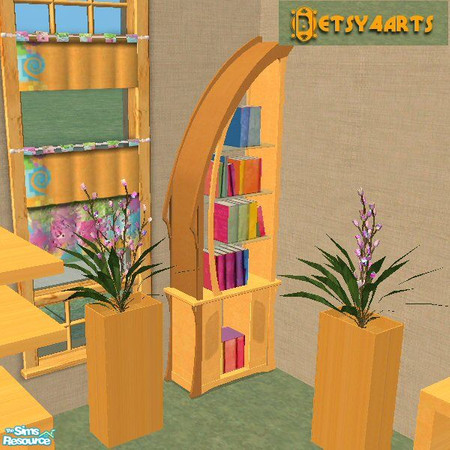 Sims 2 — TD Bookcase by Betsy4arts — This bookcase has a rich tangerine wood base.Many lovely bright pastel books are on