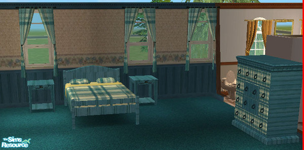 Sims 2 — Turquoise Plaid Set by oldmember_HSSimMommy2004 — Competition set includes bed frame, bedding, dresser, curtains