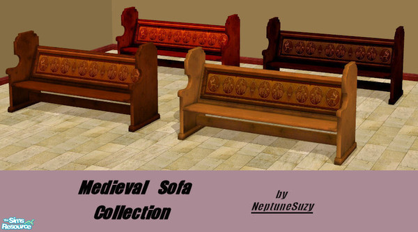 Sims 2 — NSC Medieval Sofa Set by Neptunesuzy — Medieval sofas in different colored woods and with decorative seat backs!