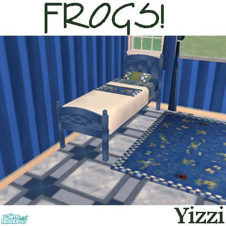 Sims 2 — FROGS! Bed by Yizzi — Blue bed and cream bedding frog print