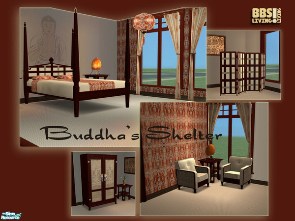 Sims 2 — Buddha's Shelter, Bedroom set by BetterbeSim — A calm room with Buddha looking down from the wall. The furniture