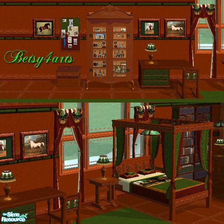 Sims 2 — Horse Lovers Bedroom Set by Betsy4arts — This bedroom set is a rich blend of browns,dark reds and moss green.The