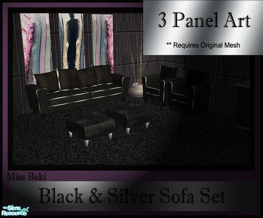 Sims 2 — Blacks & Silvers Abstract by miss_beki — Dramatic Living Black & Silver 3 Panel Artwork. This is a mesh