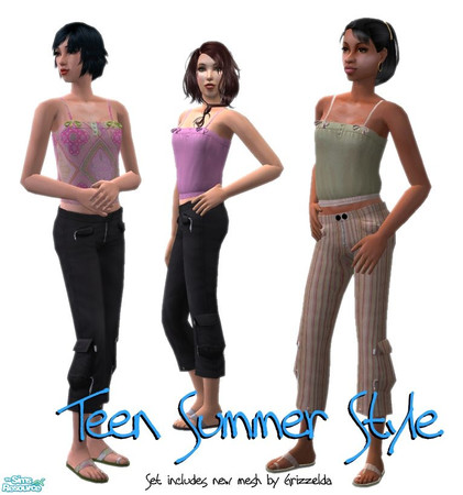 Sims 2 — Teen Summer Style by Grizzelda — Here\'s a new mesh for your teen girls. Loose tube top with bows, capris and