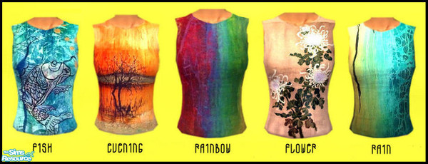 Sims 2 — SUMMER SHIRTS. by KalmanKukka — Five shirts for adult females. Five various themes. No mesh needed.