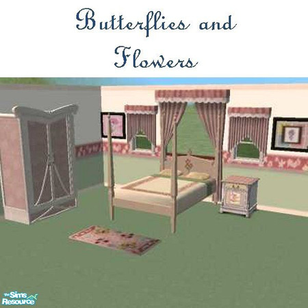 Sims 2 — Butterflies and Flowers by Yizzi — Little girls bedroom set includes: double bed and bedding, nightstand,