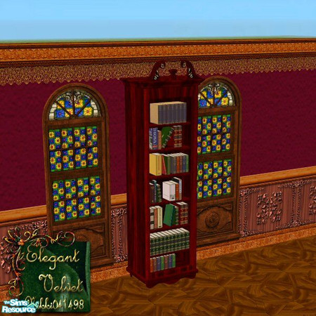Sims 2 — Elegant Bookcase by Nikki041498 — Rich African Ebony bookcase with gold accents.