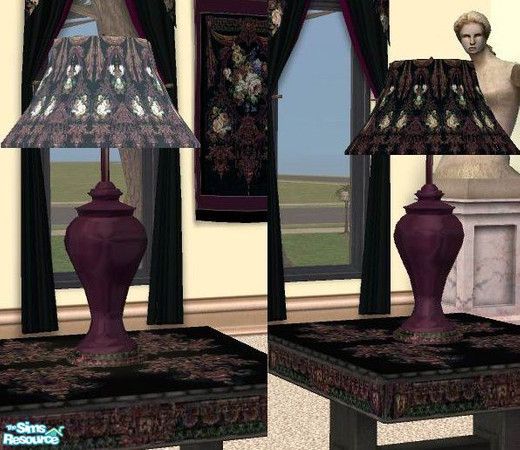 Sims 2 — Gothic Rose Table Lamp by MandyWhy — The Unicorn's original wallpaper design is re-created for this lamp, on