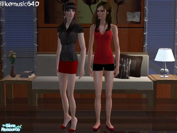 Sims 2 — Elise Set by ILikeMusic640 — Two red and black outfits, the black blouse one requires a mesh from Liana Sims 2.