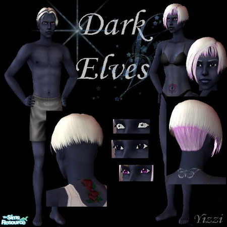 Sims 2 — Dark Elves by Yizzi — Male and Female Hair styles and eyebrows Matching blue lipstick 2 skintones and 3