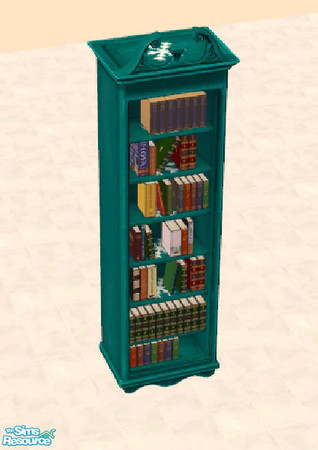 Sims 2 — Snowflake Bookcase by oldmember_silkenbutterfly — The Renaissance bookcase in a dark teal, accented on each