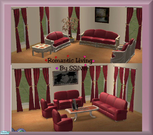 Sims 2 — Romantic Living by SSilver — Here are 2 living rooms in 1 set! Both sofa sets are upholstered with red suede and