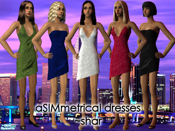 Sims 2 — aSIMmetrical dresses by Big Bad Shar — A new mesh. A new style. ASIMmetrical! Asymmetrical cut dresses in red,