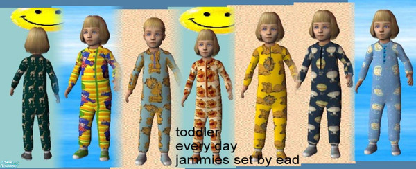 Sims 2 — Toddler everyday jammies by ead425 — set of seven; Garfield on gold,Blue Garfield,hotair balloons,juggling