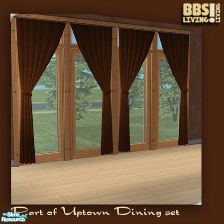Sims 2 — Uptown Dining, Curtains by BetterbeSim — Classic curtains in warm terra with tiebacks and wooden rod. New mesh
