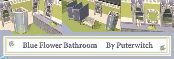Sims 2 — Blue Flower Bathroom by puterwitch — Blue, off white and green bathroom accented with blue flowers. 