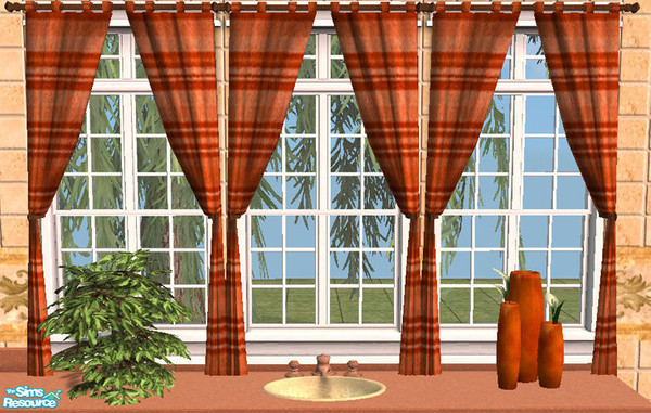 Sims 2 — Deep Coral Curtains (updated) by dancingaphrodite — Brilliantly vivid striped curtains in shades of deep coral.